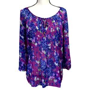 Charter Club Petite Women's Floral Top Blouse Blue Purple Pintuck Sheer Medium